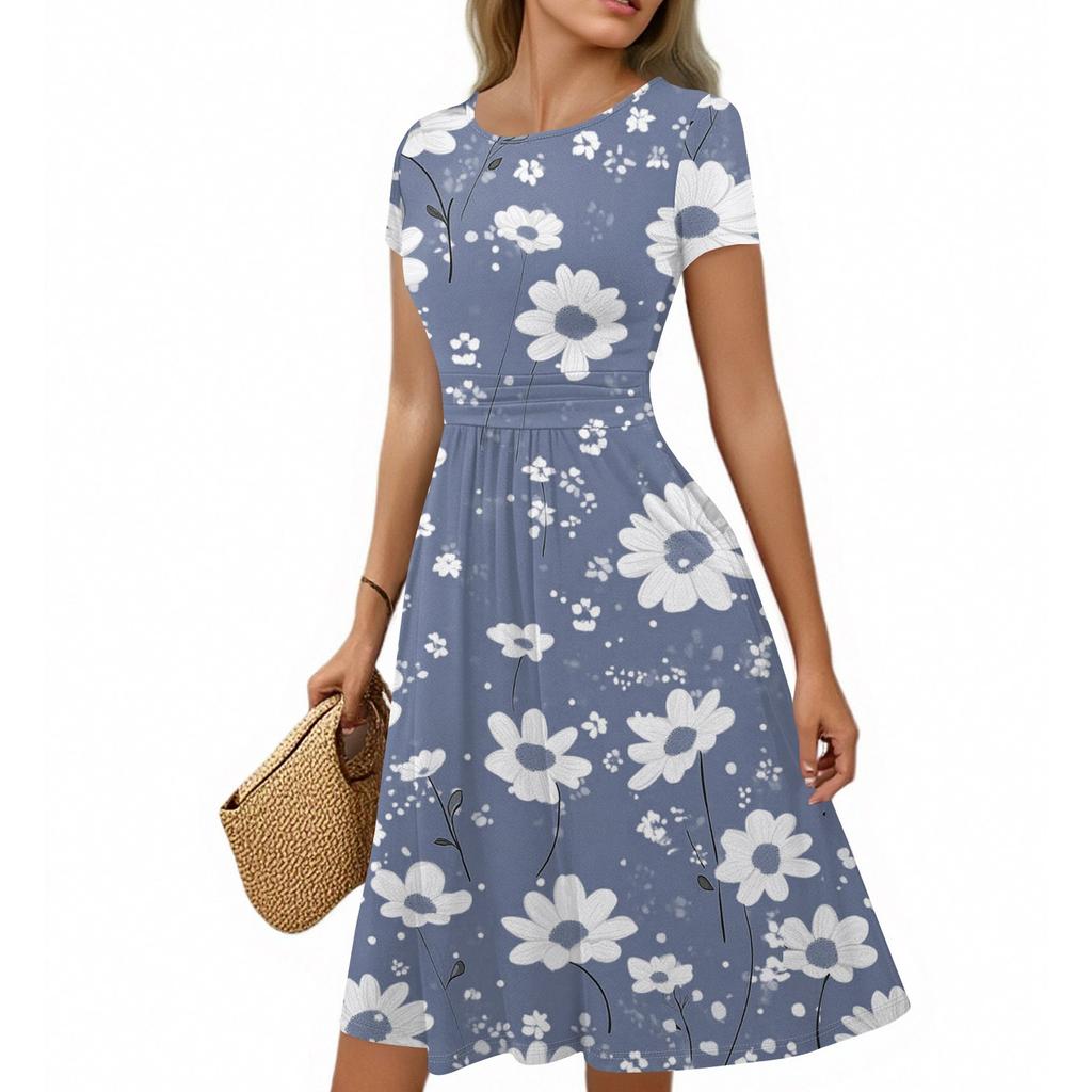 Women's Casual Fashion Round Neck Pleated Short Sleeve Retro Floral A-Line Midi Dress