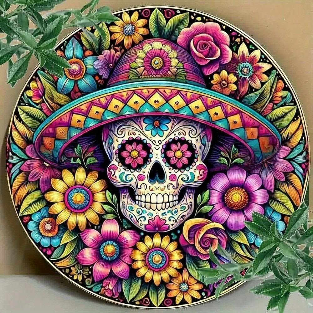 Day of the Dead Sugar Skull Metal Sign 8x8 Waterproof Aluminum Wall Art Vintage Halloween Decor for Home Garage Bar Cafe