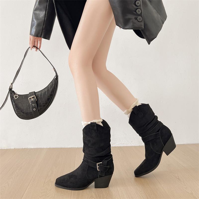 Queen Fan Retro Thick Heel Western Cowboy Boots Women's 2025 New Autumn with Skirt, Thin and Tall Short Boots