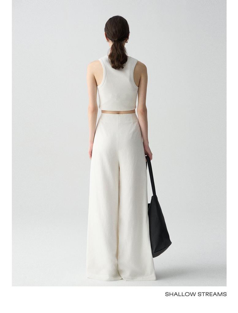 Sea of Dimples High-Waisted Linen Trousers: Breathable White Wide-Leg, Floor-Length, Early Autumn Casual Pants.