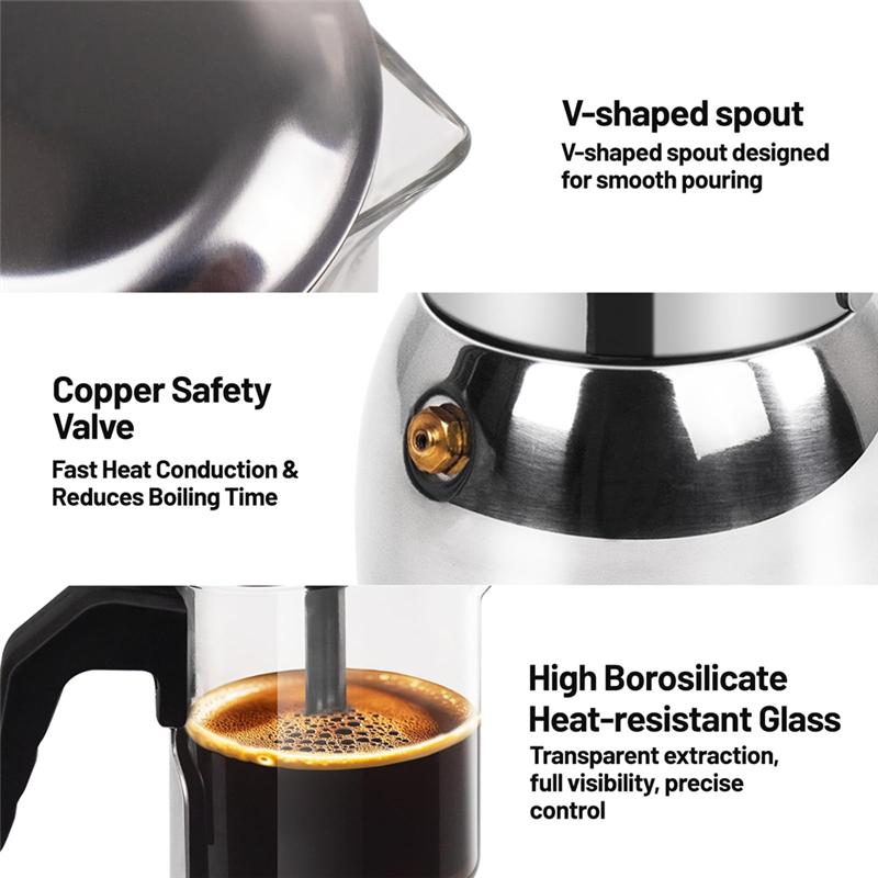 A27F-450Ml 15Oz 9 Cup Moka Pot Glass Clear Thickened Stainless Steel Stovetop Espresso Maker Italian Coffee Machine
