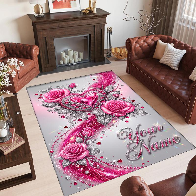 Hearts Theme Crystal Velvet Floor Rug Personalized Custom Name Text Warm Carpet Home Decoration