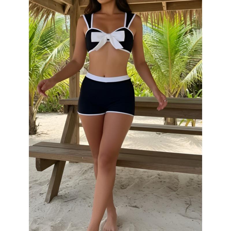 Casual Black and White Contrasting Bow Bikini Swimsuit Bikini