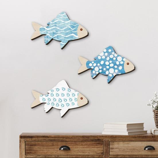3 Pcs Wooden Fish Wall Art Nautical Coastal Theme Blue Fish Wall Decor Vintage Beach Ocean Wall Sculpture for Living Room Lake House