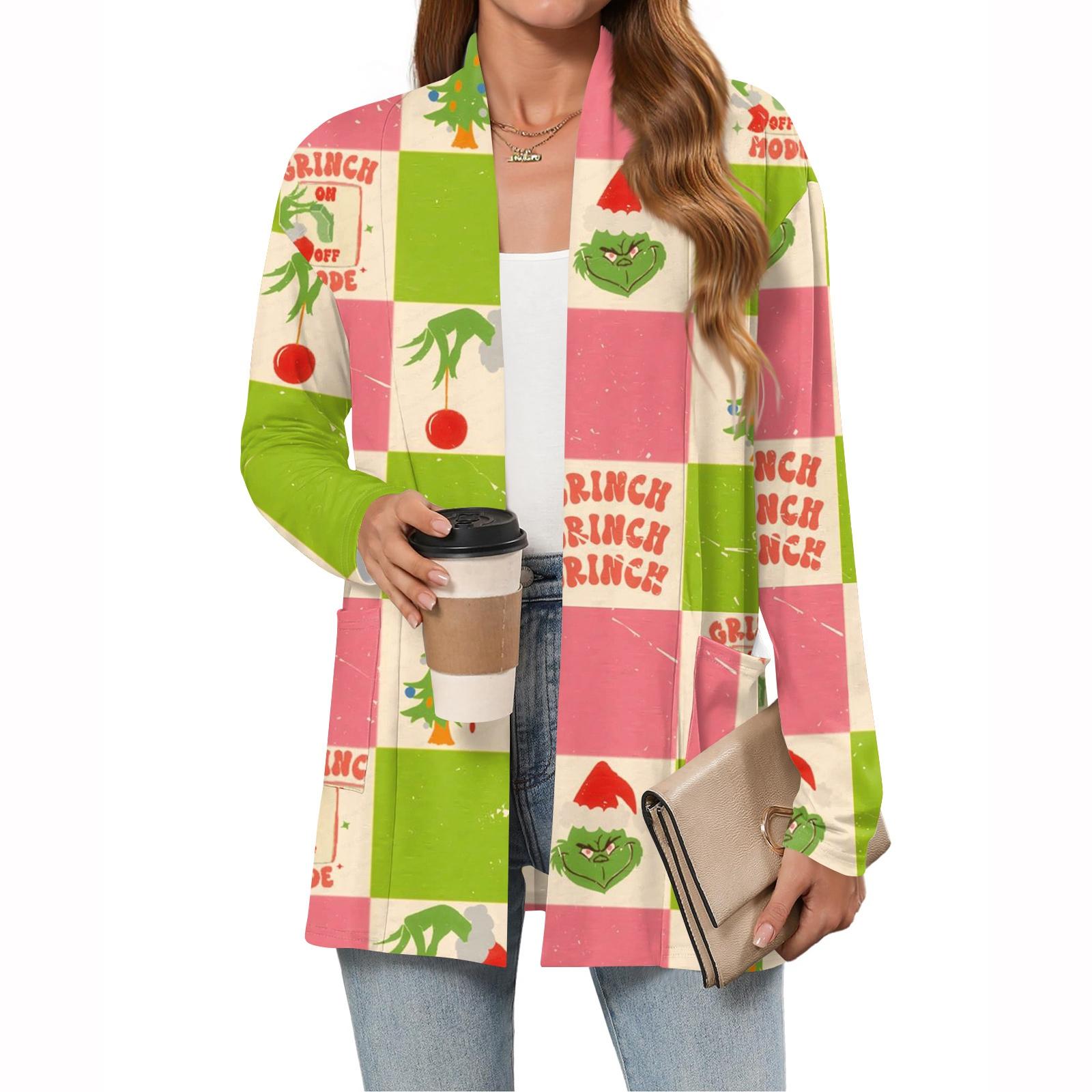 

Женский рождественский кардиган с принтом, легкий, с длинными рукавами, повседневный, свободного кроя, тонкий, с карманами, куртка-кардиган XXL розовый