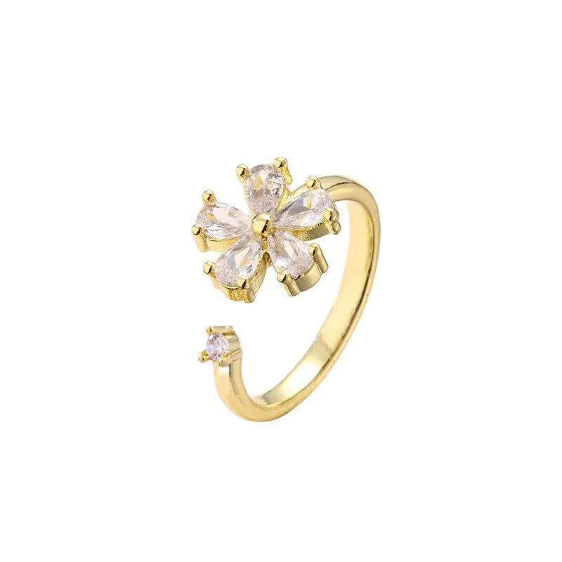 1pcs fashion simple rotating zircon flower opening adjustable ring luxury casual casual unzipping design sense accessories
