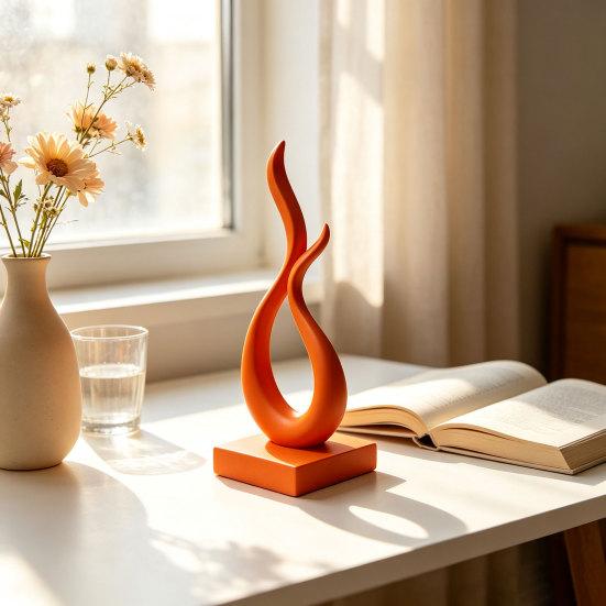 Modern Style Home Accessories Abstract Flame Sculpture, 3D Printed Minimalist Art Statue with Square Base, Stylish Entrance Hall Decor Elegant Curved