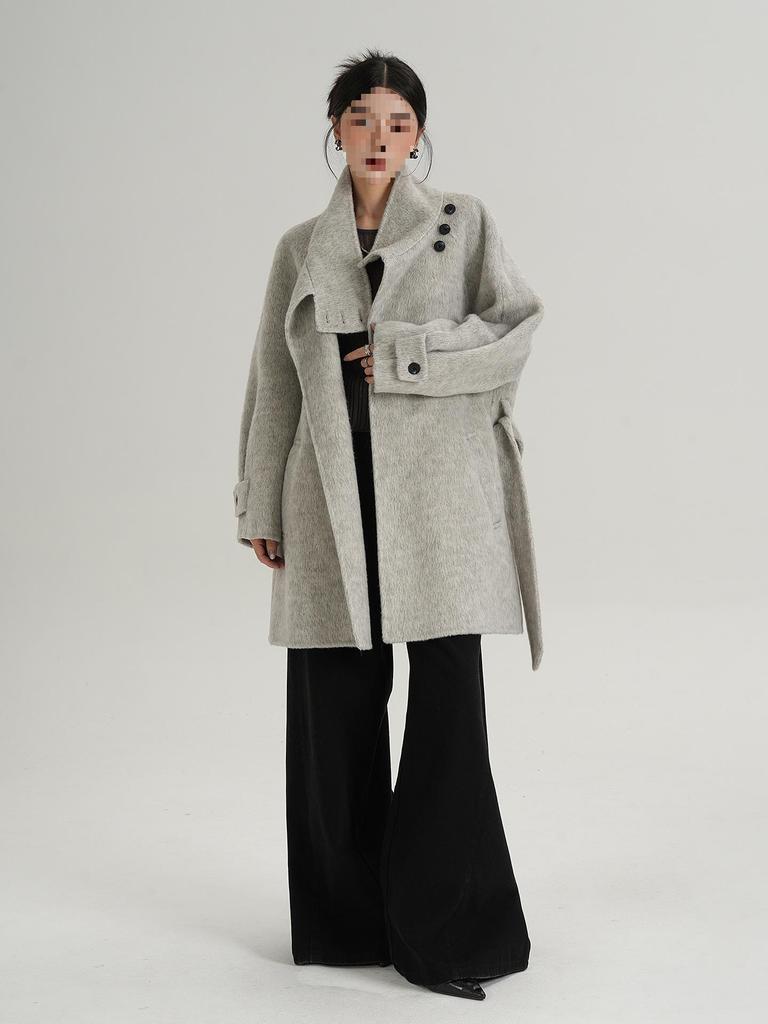 SRYS AME Women's Elegant Mid-Length Stand-Up Collar Wool Coat – Autumn/Winter
