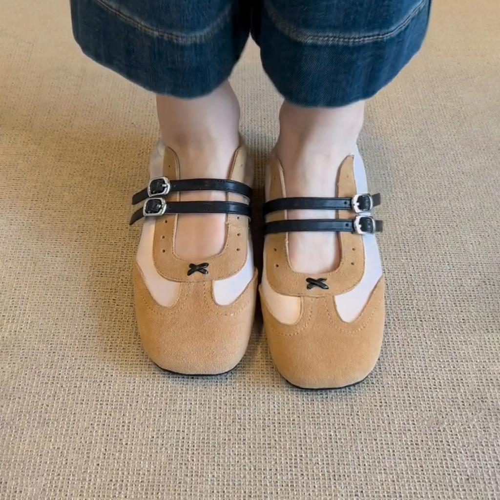 Sheepskin version~ New double-breasted hollow matte German training shoes women's retro color matching sports flat Mary Jane single shoes