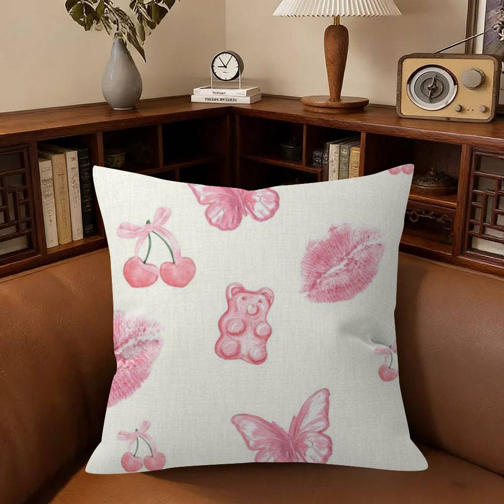 Art Pink Bow Cherry Lovely Kawaii Cushion Cover Inches Farmhouse Decor Home Throw Pillow Covers For Couch Decorations
