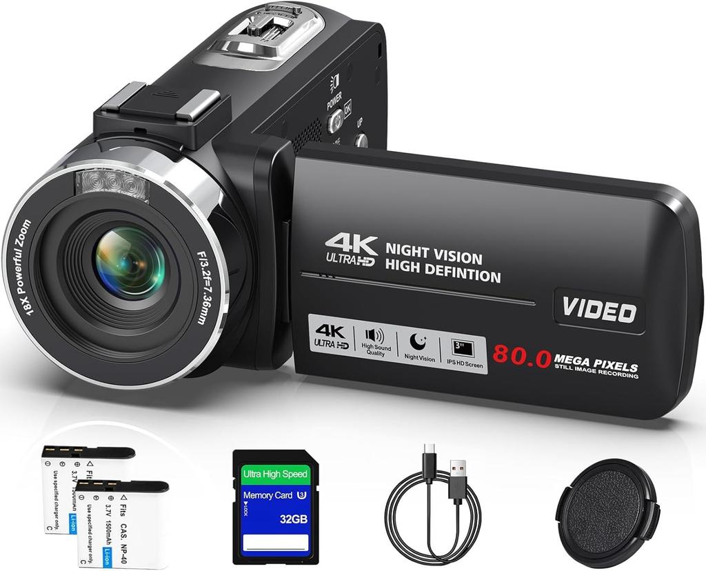 4K Videokamera mit 80MP IPS HD 18x Digital IR Nacht Drehbares Selfie 32GB SD 1500mAh Anleitung Leicht und Ideal für Reisen und Anfänger