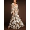 New European American Style Deep V Backless Tulle Embroidery Puff Sleeve Dress Evening Party Gown