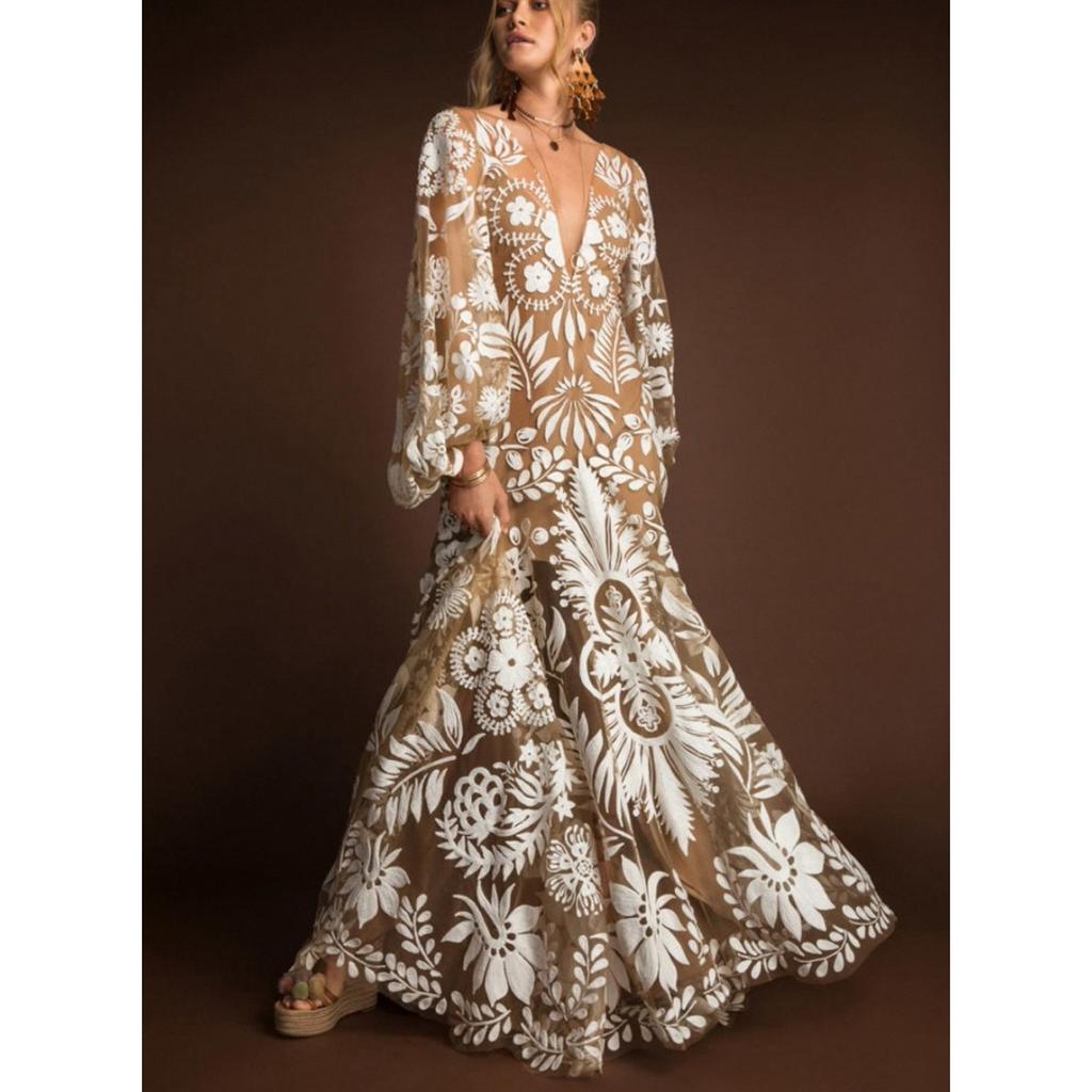 New European American Style Deep V Backless Tulle Embroidery Puff Sleeve Dress Evening Party Gown