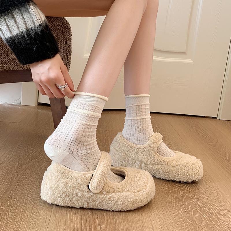 Leopard Fur Lining Women Flats Shoes Concise Round Toe Shallow Shoes Comfort Warm Cotton Outdoor Shoes For Autumn Winter
