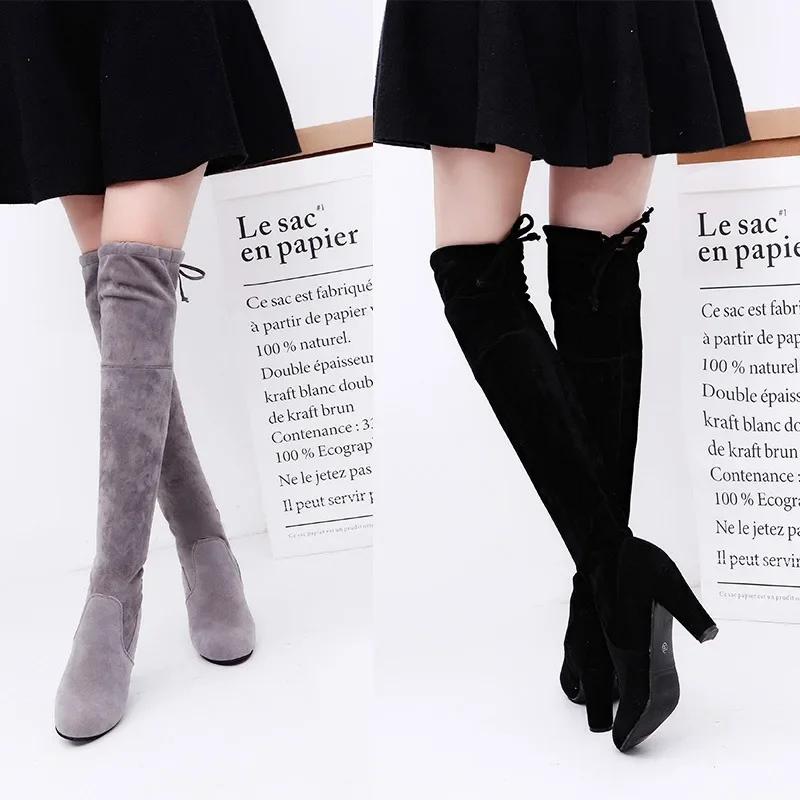 Fashion Brand Thigh High Botines Mujer Plush Fur Shoes Winter Stovepipe Stretch Over Knee Long Boots Women Lace-up Velvet Knight Bottes