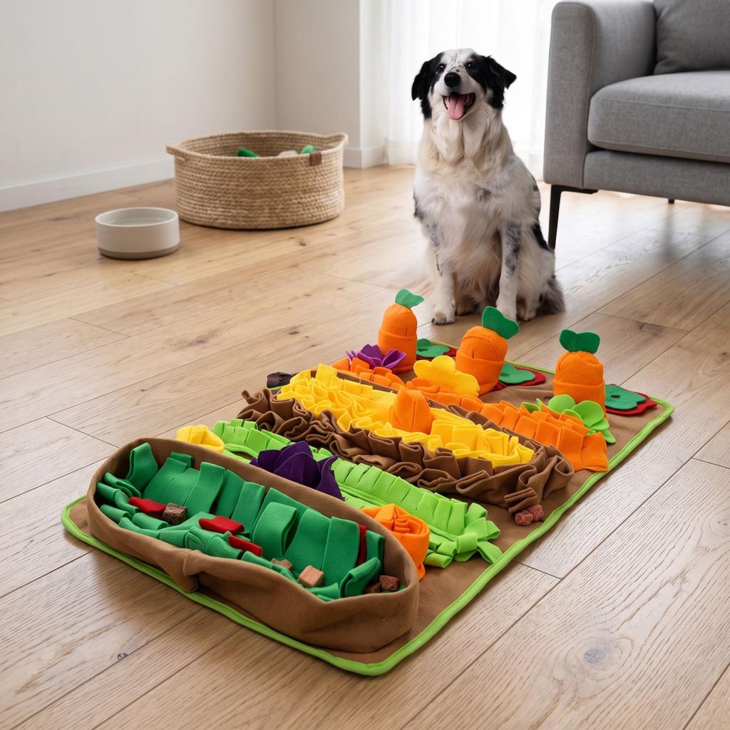 Schnüffelteppich für Hunde und Katzen, Interaktives Futterspielzeug zur langsamen Fütterung, Indoor-Beschäftigungsaktivität, Kartenboden Drei Karotten 78
