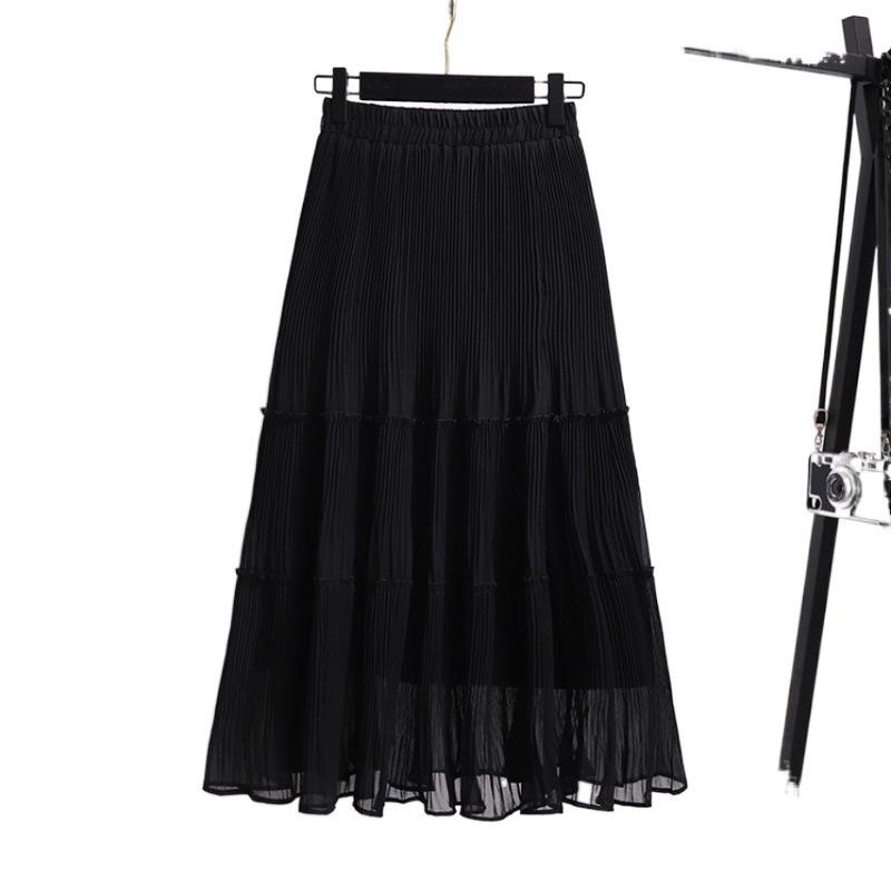 Chiffon Pleated High-Waist Midi Skirt for Spring/Summer 2024 - Solid Color, Loose, Mid-Length Skirt for Women