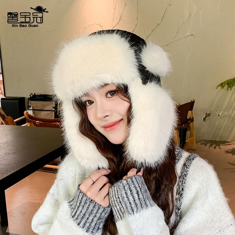 Winter outdoor windproof ear protection pullover hat thickened plush fashion hat women's ski cold and warm