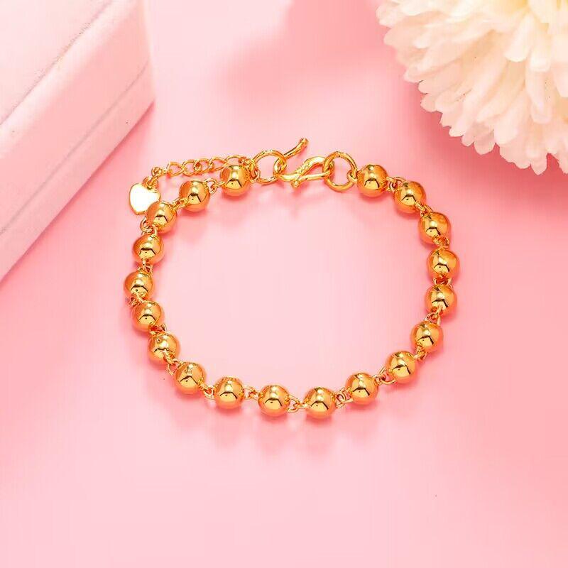 

24k Gold Plated Yellow Bracelet, 5mm Smooth Solid Round Beads, Jewelry Gift for Men and Women