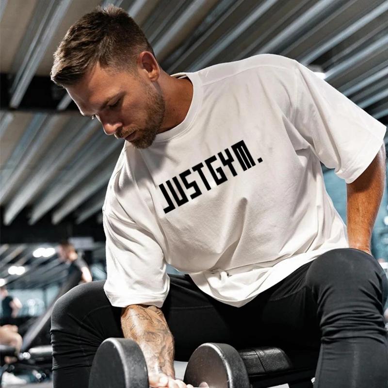 Muscleguys Men'sRunning T-shirts Cotton Round Neck Oversized T-Shirt Summer Sports Fitness Short Sleeve Gym Training Fitness Clothing