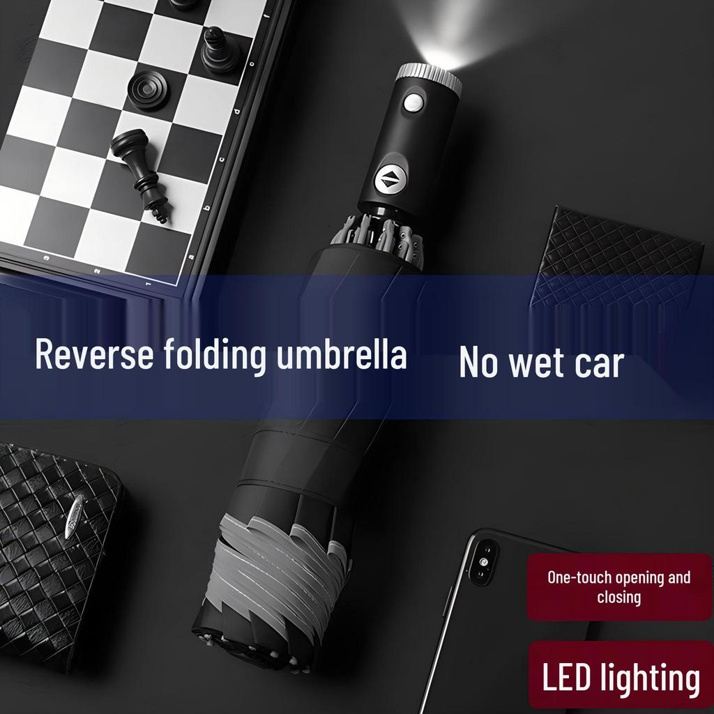 Three-Fold Automatic Reverse Umbrella with Reflective Edging & LED Light, Customizable Logo, All-Weather Protection for Business Use