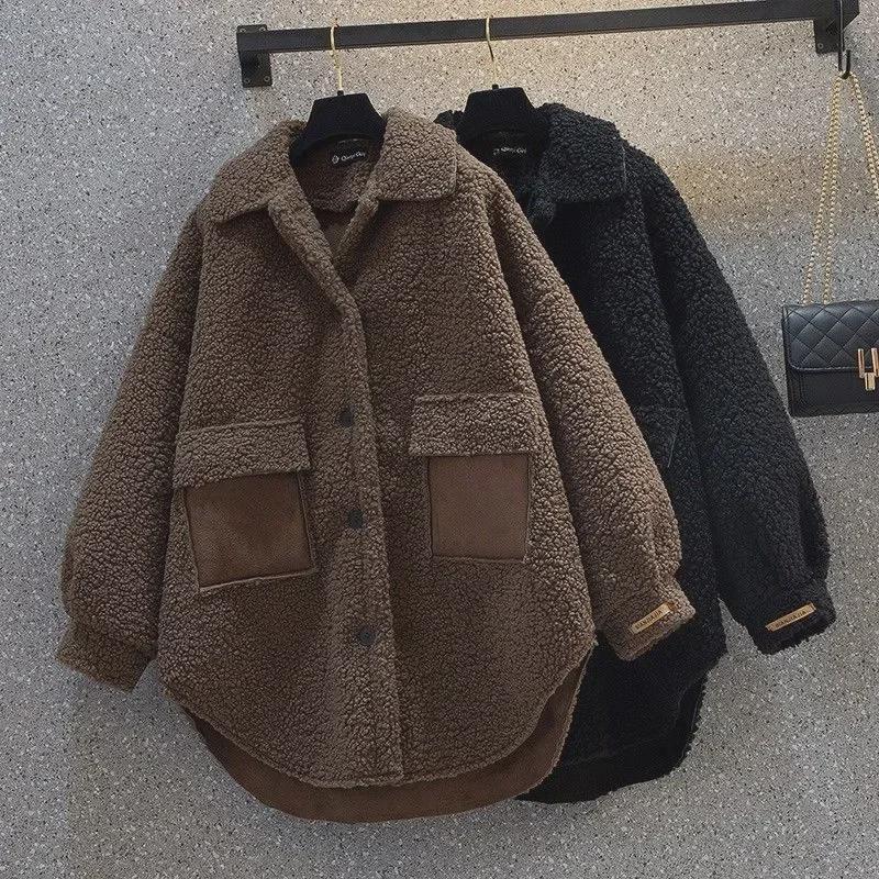 2024 Large Women's Chic Lamb Wool Coat - Slim Fit, Autumn/Winter Hong Kong Style Design