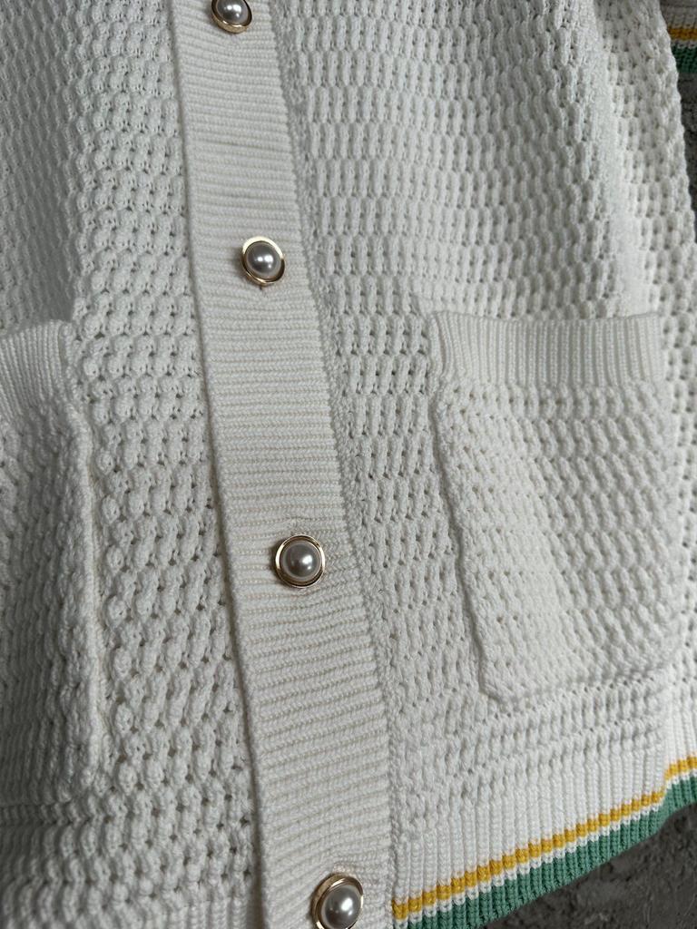 Auf Lager CASABLANCA Handgestrickter gestreifter Pullover-Cardigan aus reiner Baumwolle