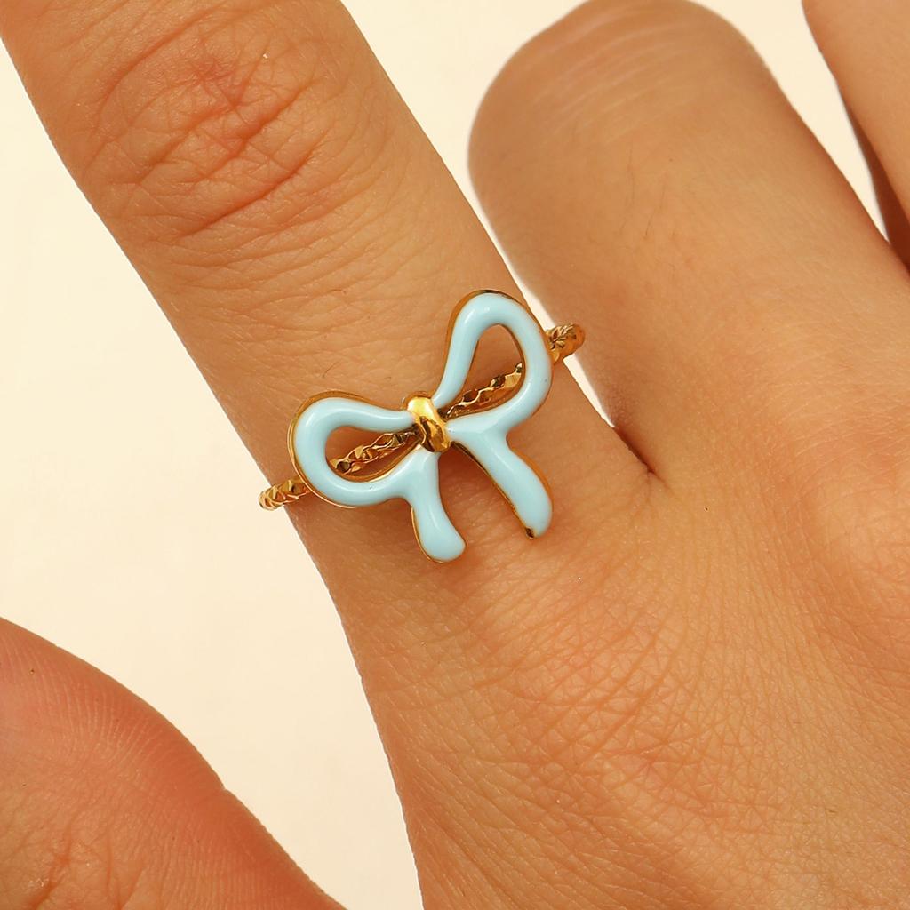High Quality Fashion Popular Dopamine Drip Bow Ring Niche Design Popular Stainless Steel Ring Wholesale