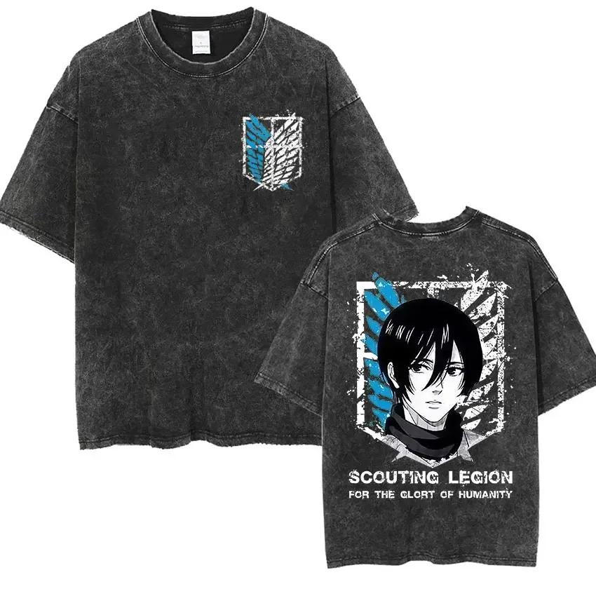 Anime Attack Titan Retro Wash Bedrucktes T-Shirt Mikasa Ackerman Eren Jaeger Freie Flügel Muster Herren Sommer T-Shirt