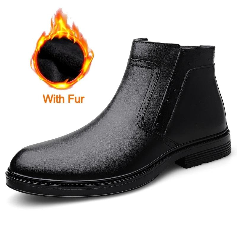 Genuine Leather Men's Boots Luxury Brand Italian Designer Dress Boots 2024 Short Plush Boots for Men Comfy Business Casual Shoes