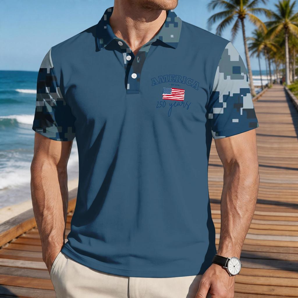 Men's Loose Fit Casual Polo Shirt Short Sleeve Flag Print Button Down Collar Lightweight Breathable Fabric Summer Top