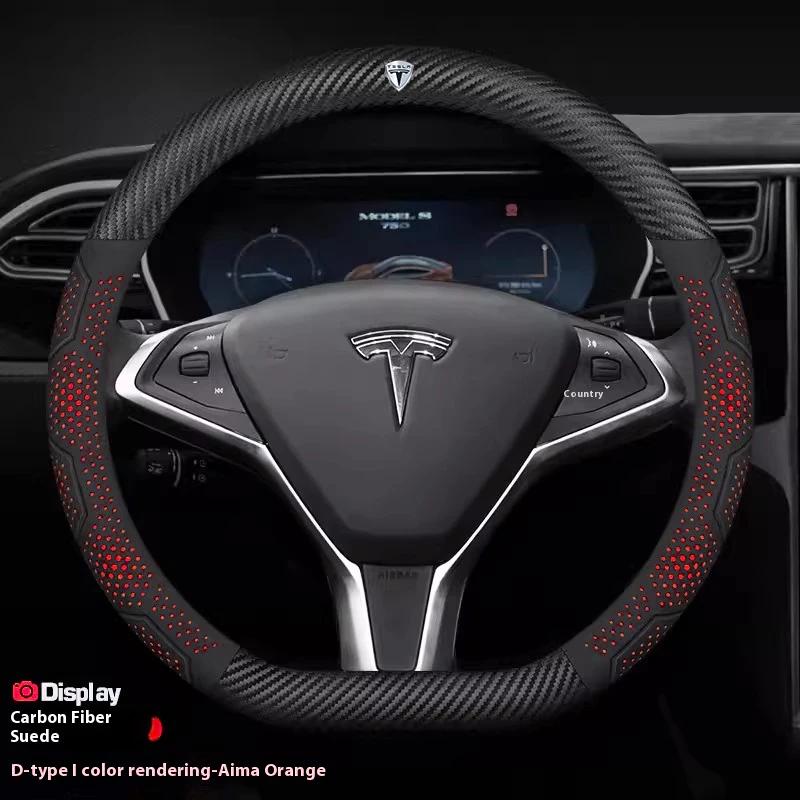 ALM1 Tesla Model 3 Y S Model X Roadster Car Carbon Fiber Suede Leather Anti-slip Breathable Car Steering Wheel Cover Auto Accessories
