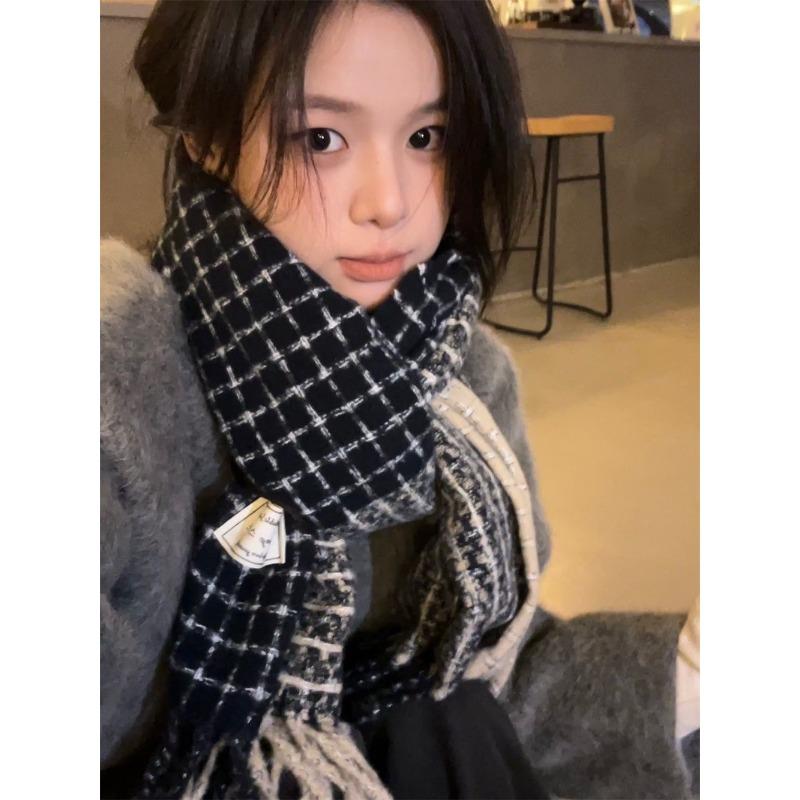 Xiaoxiangfeng Autumn and Winter Tassel Korean Version Versatile Double Sided Plaid Thickened Warm Scarf Imitation Cashmere Women's Shawl Dual Use