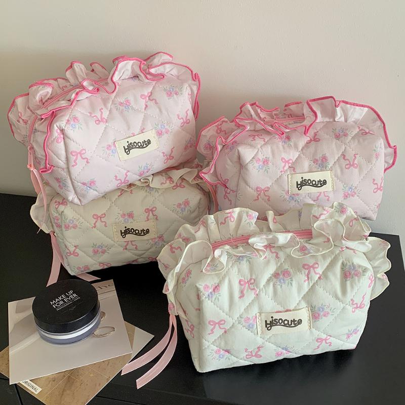 Cute Bow Flower Quilting Cotton Makeup Bag Women Zipper Cosmetic Organizer Female Cloth Handbag Portable Toiletry Case For Girls