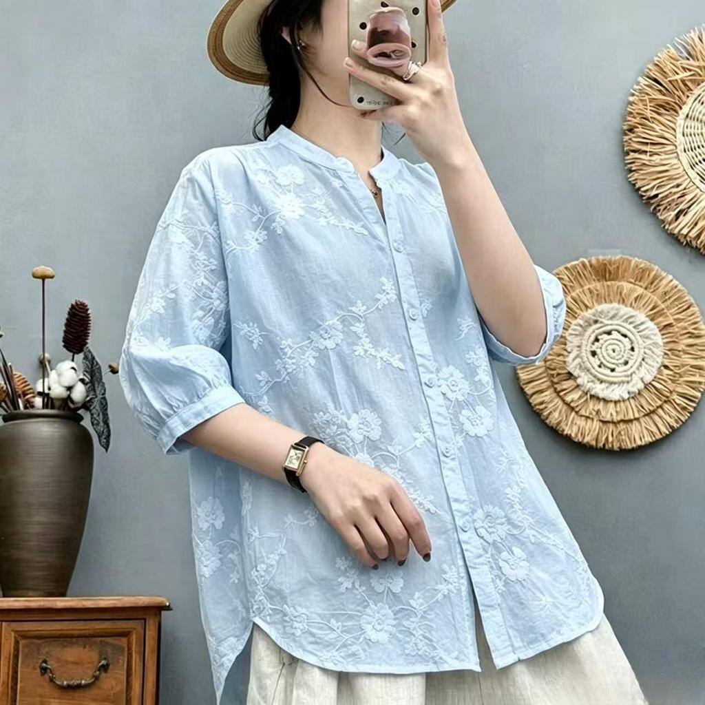 Pure cotton 1116 summer new women's large size loose and thin V-neck embroidered shirt foreign style casual 100 design sense