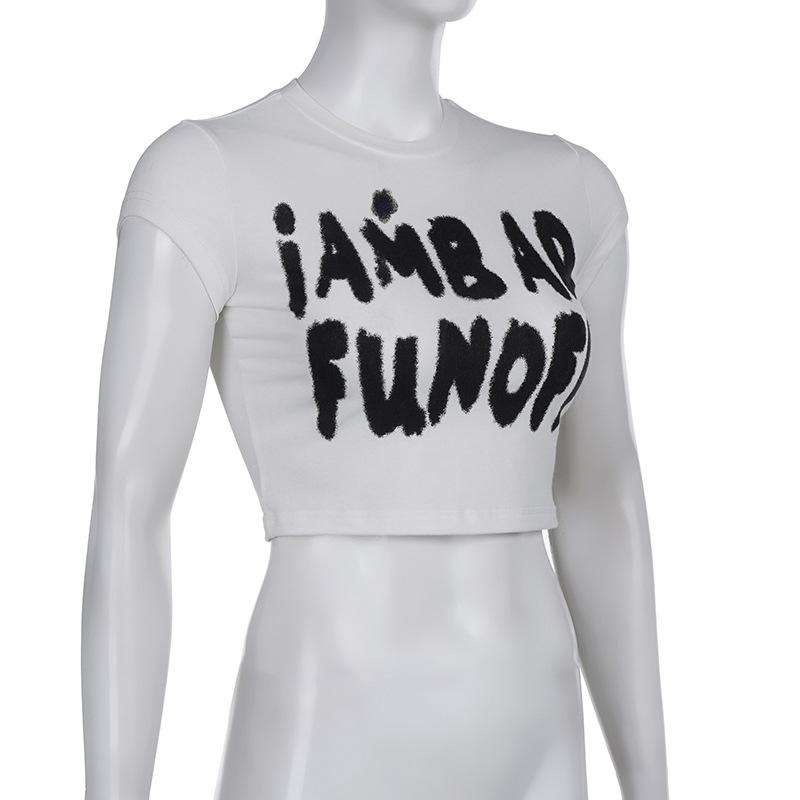 WTEMPO Brand Fashion English Letter Printing Slim Short Sleeve Top Women's Black and White Contrast Color Exposed Umbilical Super Short T-shirt