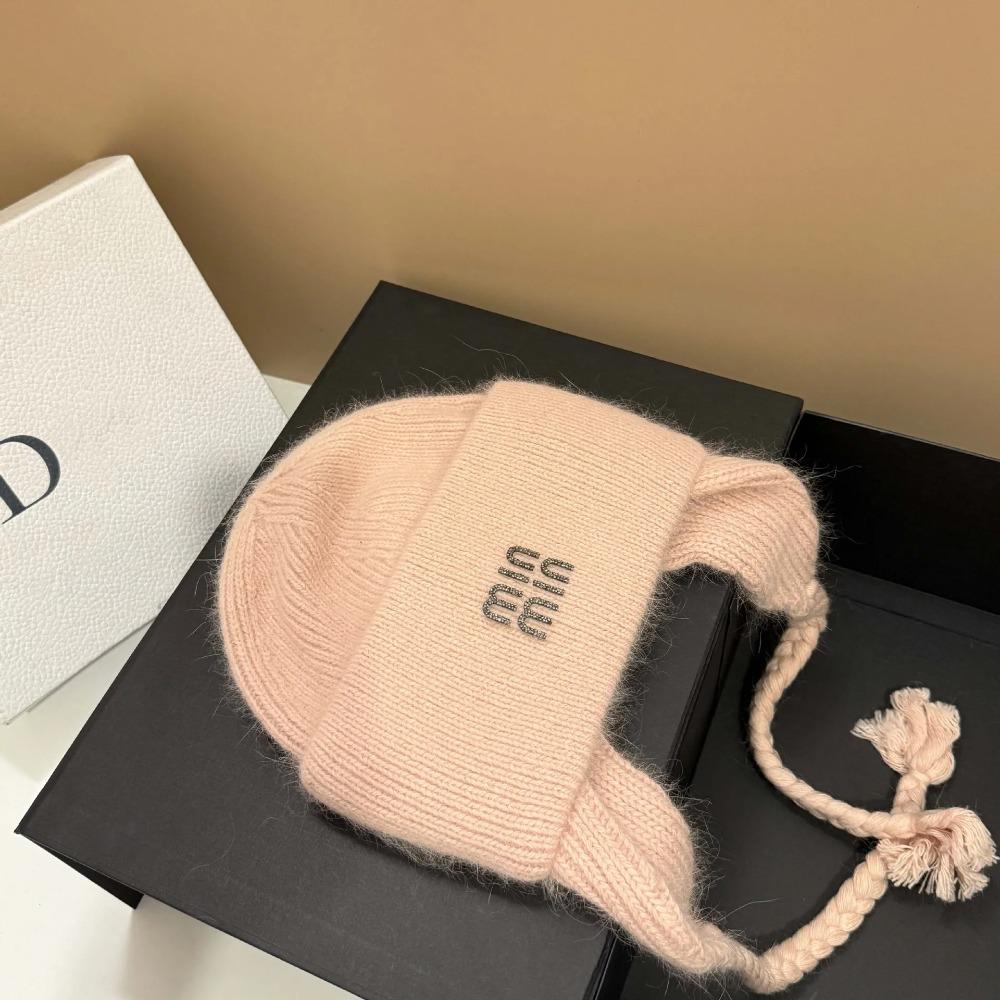 Winter Hot Diamond Rabbit Wool Knitted Warm Ear Protection Hat Outdoor Light Luxury Wool Hat Fashionable Letter Cold Hat