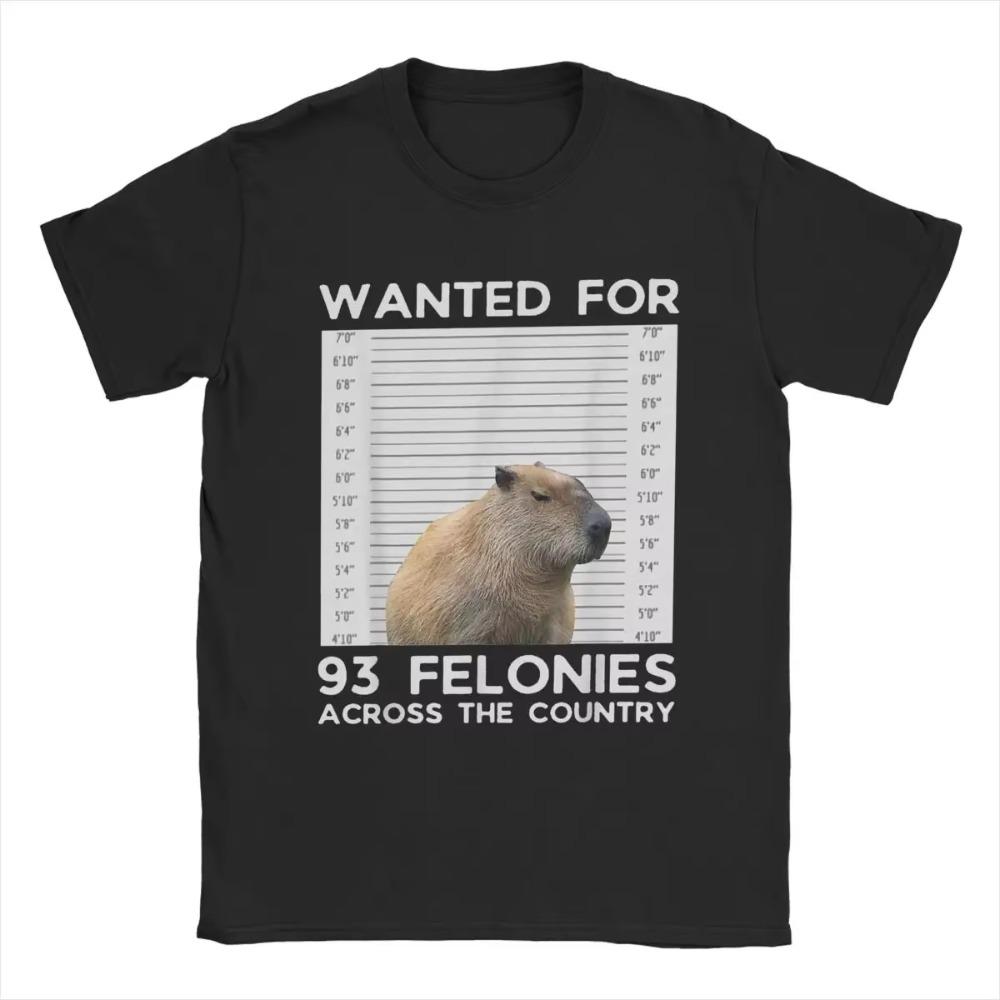 Vintage Capybara Mugshot Wanted For 93 Felonies Across The Country T-Shirts for Men Cotton T Shirts Tee Shirt Plus Size Clothes