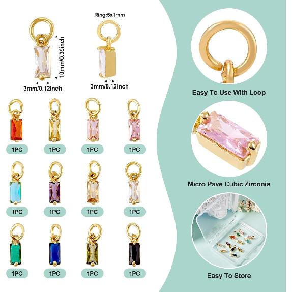 Pandahall 12Pcs 18K Gold Plated Rectangle Charms Cubic Zirconia Birthstone Charms Brass Crystal CZ Stone Pendants with Jump Ring for Jewelry Making