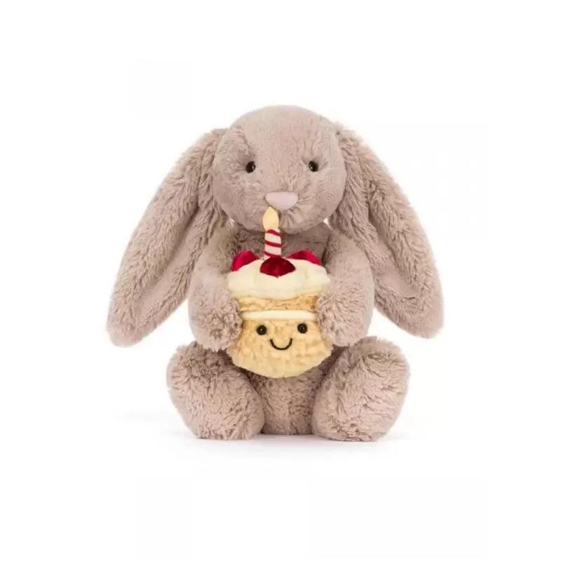Cute Bashful Bunny Plush With Birthday Cake Soft Stuffed Animal Rabbit Toy Kawaii Comfort Gift For Kids