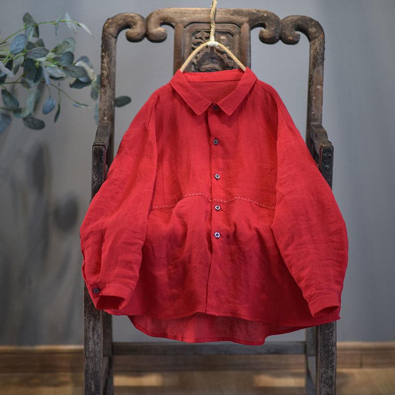 

Women Linen Embroidery Shirts and Tops Turn-down Collar Button Autumn Original Vintage Female Loose Blouser One Size червоний