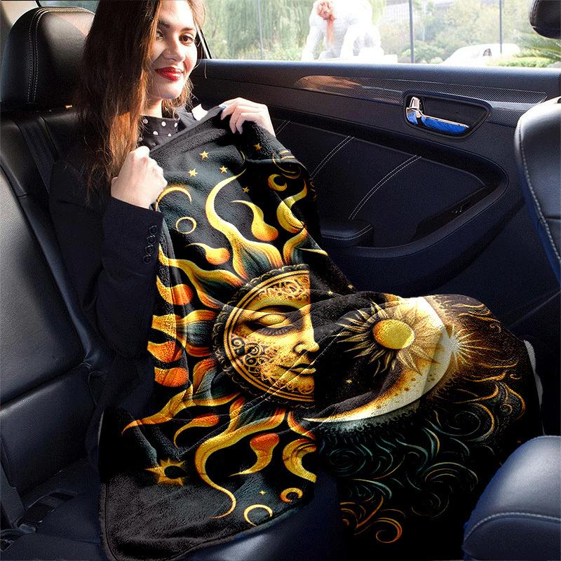 1pc Sun Moon Printing Lightweight Flannel Blanket, Comfortable and Warm Blanket, for Camping Sofa Bed and Couch Office, in All Seasons