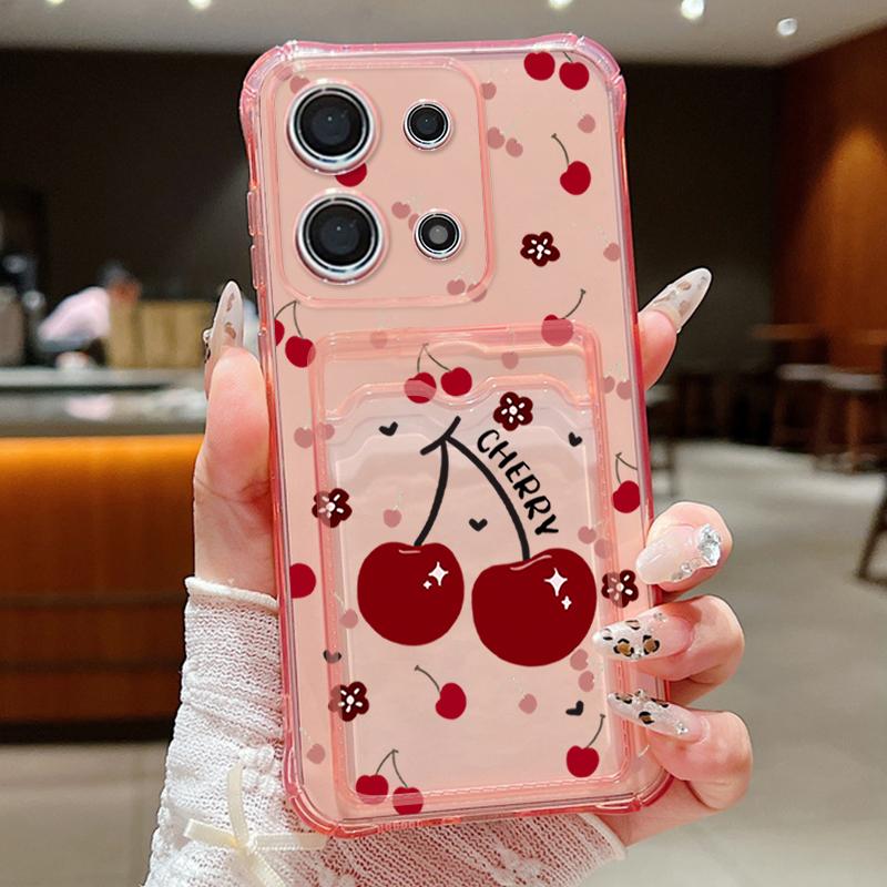 Cherry Pattern Soft Silicone Slim Phone Case For Xiaomi 14T 13T Pro Poco F6 X6 Pro C65 Redmi Note 13 12 Pro 11 Shockproof Clear Card Slot Back Cover