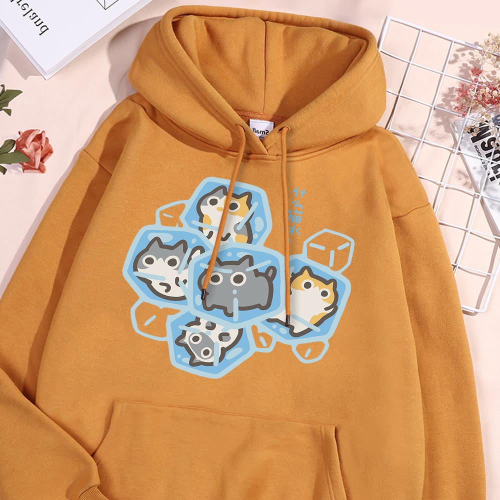 Ice Cat Fun Cartoons Cats Hoody Men Women Harajuku Casual Clothes Casual Loose Pullover Streetwear Warm Fashion Couple Hoodies