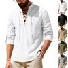 Men's Linen Henley Shirt Long-sleeved Casual Beach Shirt with Tie-Up Stand Collar