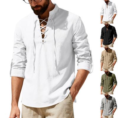 Herrlinne Henley-skjorta Långärmad Casual Strandskjorta med Knytbar Ståkrage