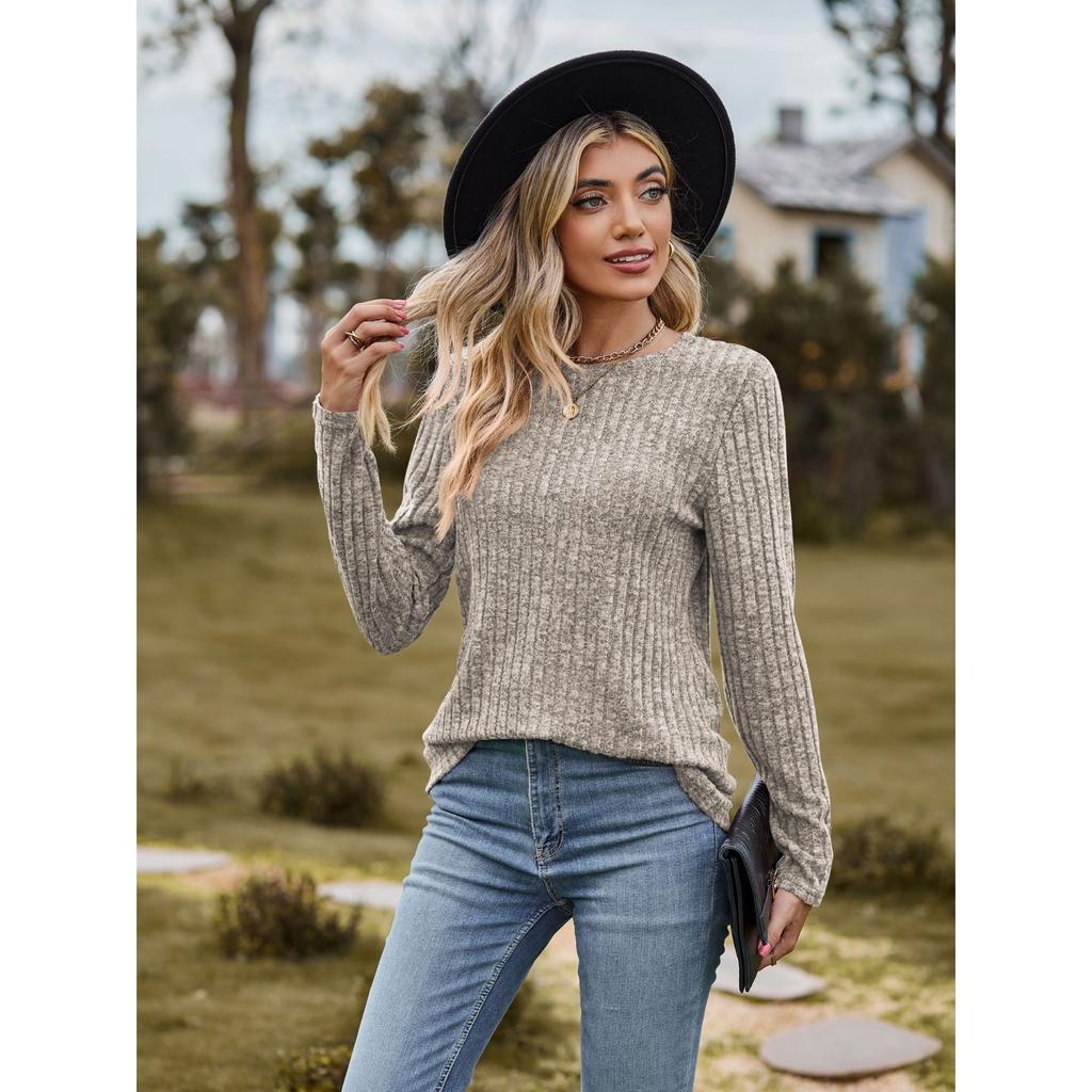 GMXIA Autumn Women's Round Neck Frosted Pit Strip Solid Color Top Long Sleeve T-shirt