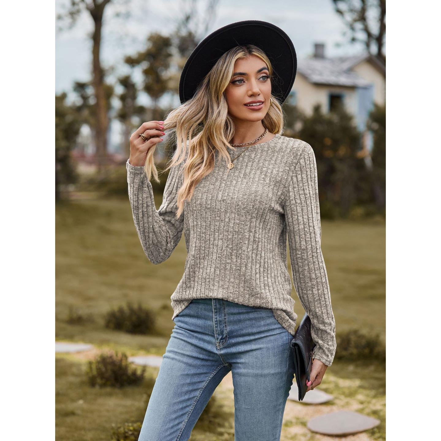 

GMXIA Autumn Women s Round Neck Frosted Pit Strip Solid Color Top Long Sleeve T-shirt XXL хаки