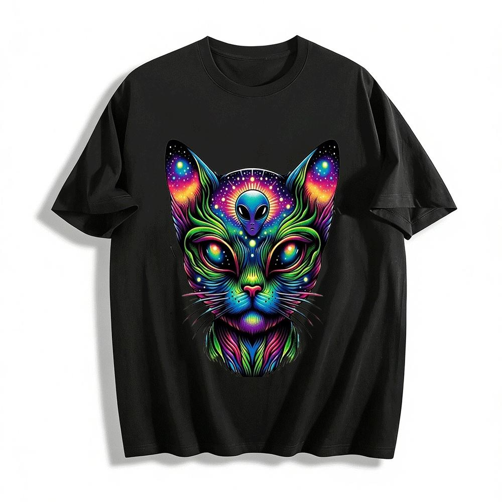 

Psychedelic Alien Cat Starry Print Trendy Casual Short Sleeve T-Shirt Pure cotton T-shirt XXS