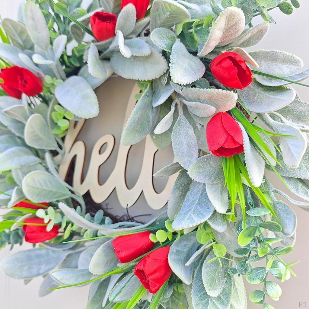 Hello Spring Wreath Artificial Flower Decorative Round Hanging Ornament Garland for Front